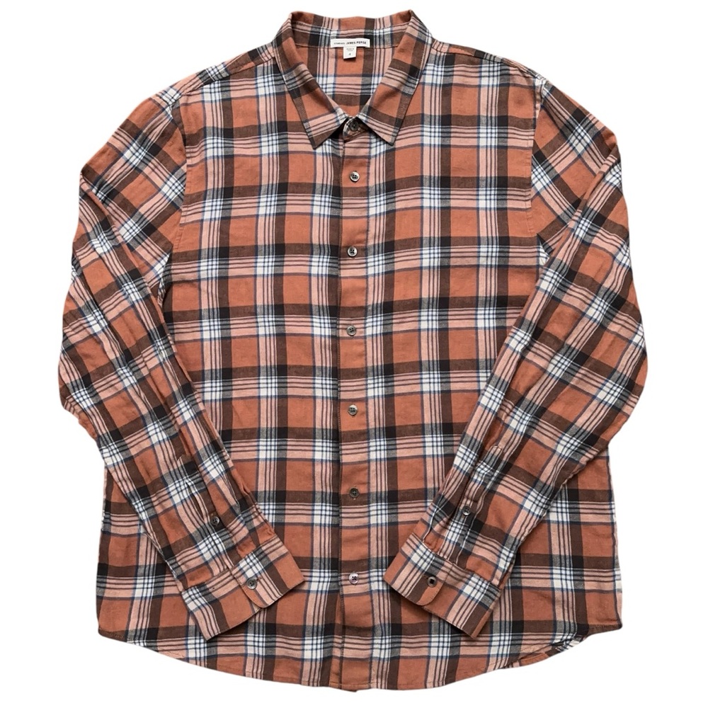 James Perse Shirt Mens 4 XL Long Sleeve Button Linen Ramie Blend Plaid Orange